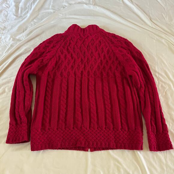 Aran Crafts Merino Wool Berry Red Cable Knit Zip Sweater Size L Irish - Picture 4 of 6